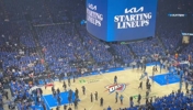 现场介绍马刺首发时，一个名字都听不见，完全被雷霆球迷&ldquo;OKC&rdquo;喊声淹没